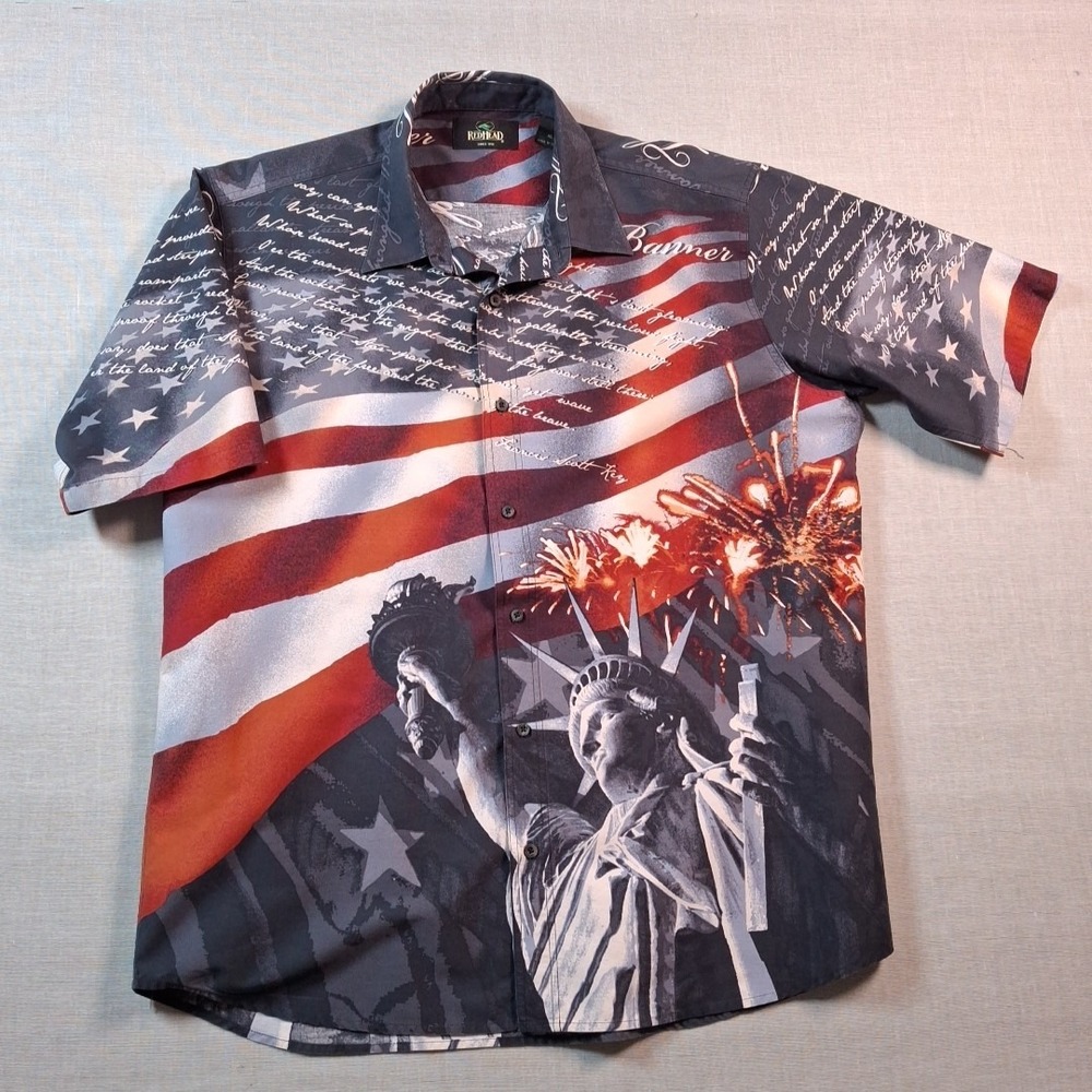 RedHead Button Down Mens XL Multicolor Patriotic Statue of Liberty USA Flag